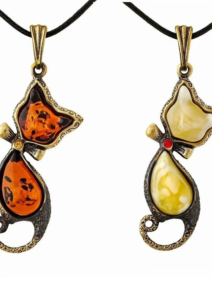 Cat Necklace Cord Pet Jewelry Baltic Amber Brown Gold Brass Pendant Cute Gift Loves Animals Jewelry For Her And Kids