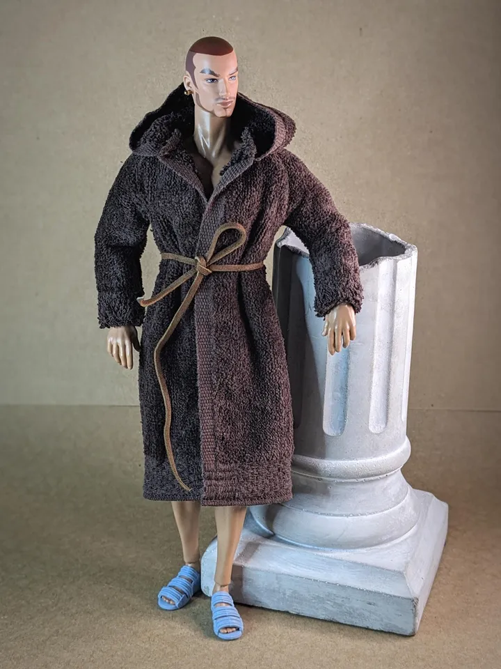 Brown terry bathrobe with a hood for 13 inch fashion male doll (FR Homme, Poppy Parker, Adonis)