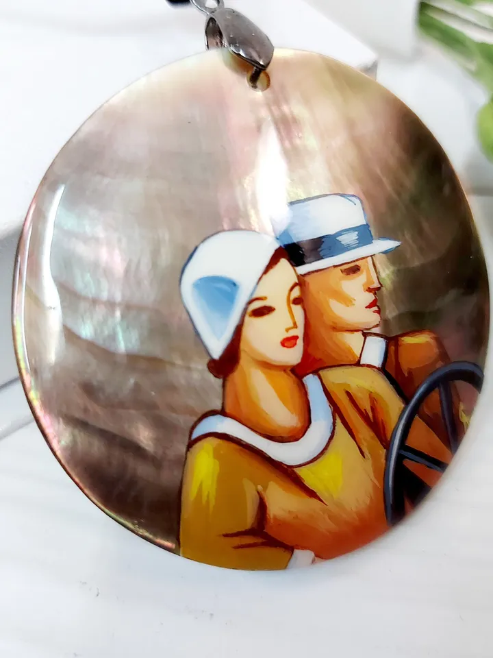 Russian Beautiful Pendant "Travelers" Mother-of-pearl hand-painted Russian jewelry miniature painting Gift for her Fedoskino Hand painted