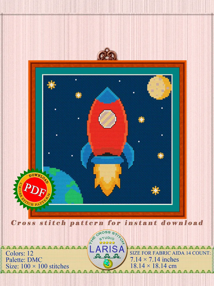 Cosmos Rocket Cross Stitch Pattern | Cartoon Rocket Embarking on a Galactic Voyage