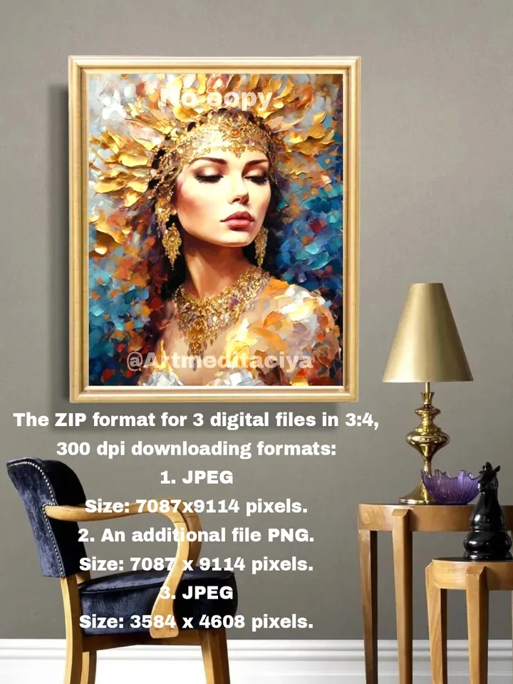Digital abstract textural modern painting "Slavyanka in ethnic jewelry in gold" on an abstract multicolored background in the style of oil pasty painting with a palette knife