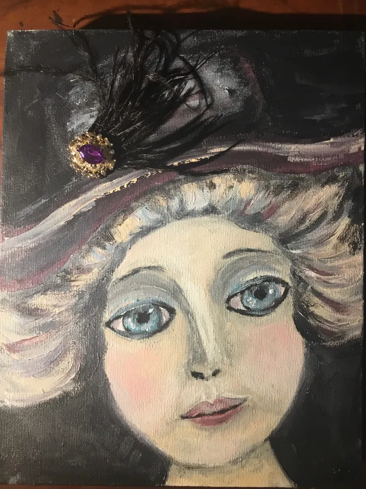 Victoria doll,original mix media painting on 3 d canvas,one of a kind, fantasy antique doll painting,gift,home decoration