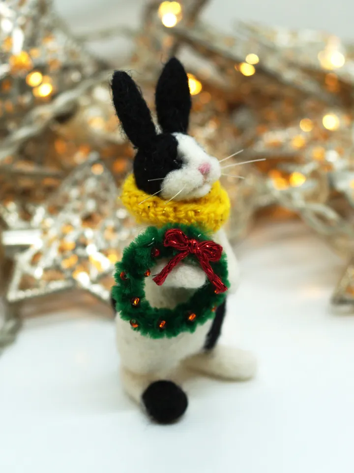 Cuddles the rabbit, needle felted black and white rabbit, Christmas gift, ships from the US