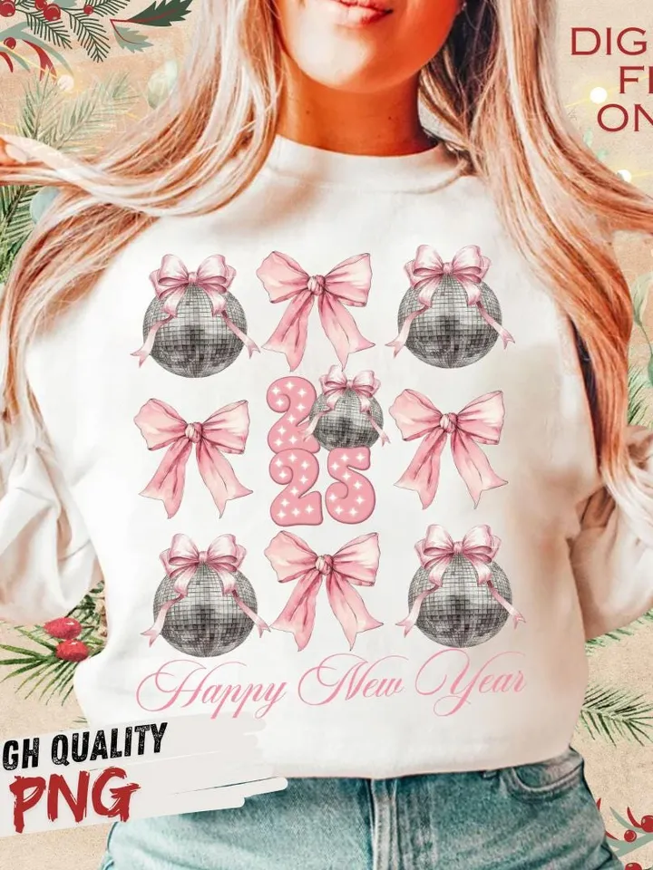 Happy New Year 2025 Png, Disco Ball New Year's PNG, Social Club Coquette Sublimation, Trending Disco Ball, Pink Bow New Year Sublimination