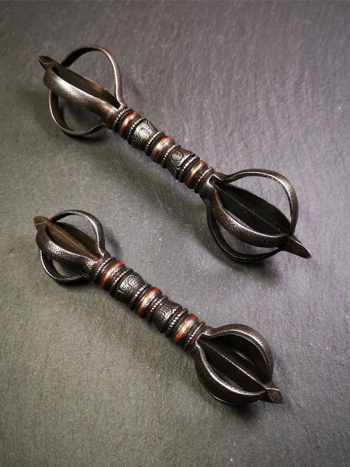 Gandhanra Vintage Five-pronged Vajra Dorje,Tibetan Tantric Buddhism (Vajrayana) Ritual,Altar Tool,Made of Cold Iron,Inlaid Copper