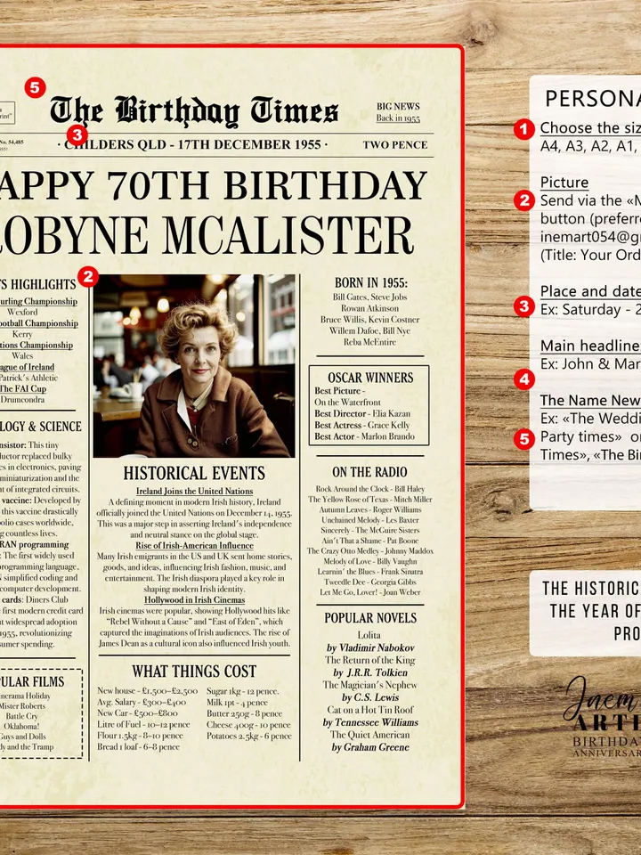70th birthday NEWSPAPER, 70th birthday Ireland, 70th birthday gift for men or woman, 70th birthday poster, 70th birthday decor for ireland