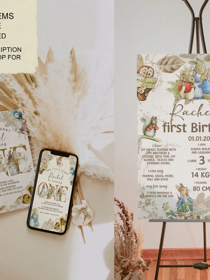 Editable Photo Banner one year garland Peter Rabbit First Birthday Photo Banner Garland; tale of Peter Rabbit Party; Instant Download; pr1