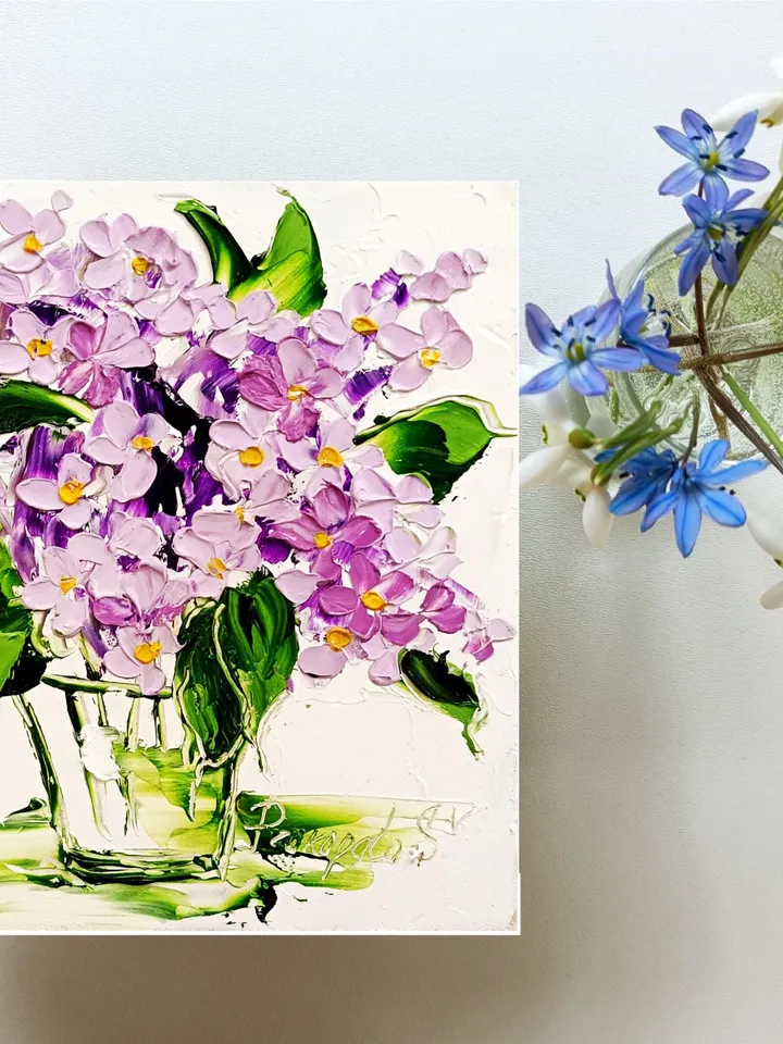 Lilac Painting Flower Original Art Impasto Oil Painting Christmas Gifts Art Lilac Flowers Painting 6 x 6 by ArtProkopaloSv