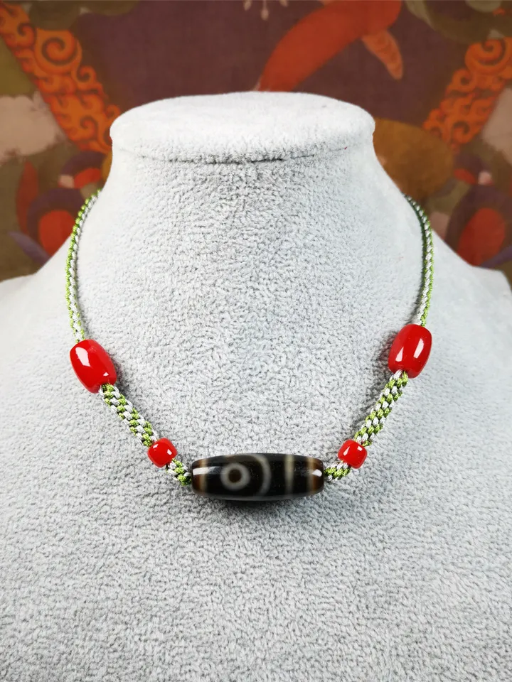 Gandhanra Antique Tibetan 2 Eyed Dzi Bead Necklace, 1.2&quot; x 0.43&quot;, 30 Years Old