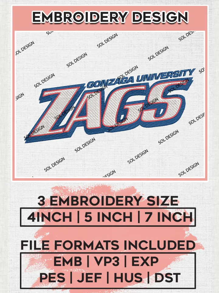 NCAA Gonzaga Uni.versity Zags Team Word Logo Embroidery Design Files, NCAA Gonzaga Bulldogs Machine Embroidery, NCAA Teams, Game Day, 3 sizes, NCAA Machine embroidery designs, Digital Download