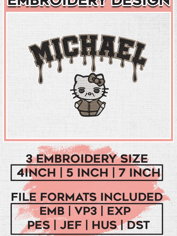 Hello Kitty x Michael Myers Drop Name Embroidery designs, Horror Character Machine embroidery designs, Horror Halloween embroidery files, Machine Embroidery Digitized Pes Files, Digital Download