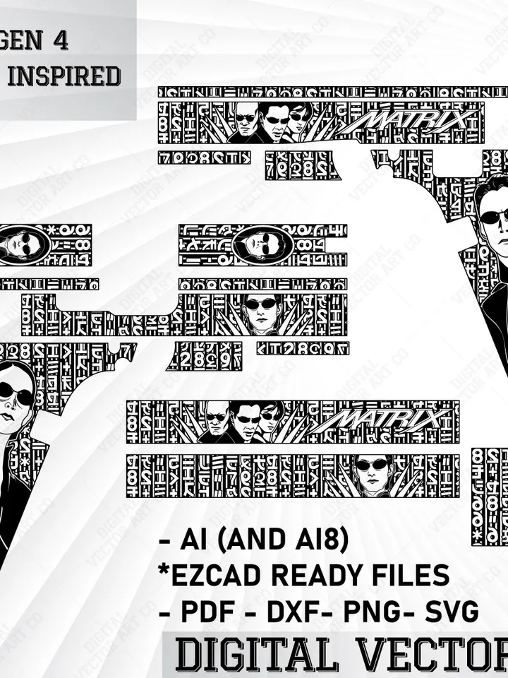 Glock 19 Gen 4 SVG Engraving Design | Matrix Style Inspired Gun Vector | Laser Cut File Digital Download | Hand drawn illustration |