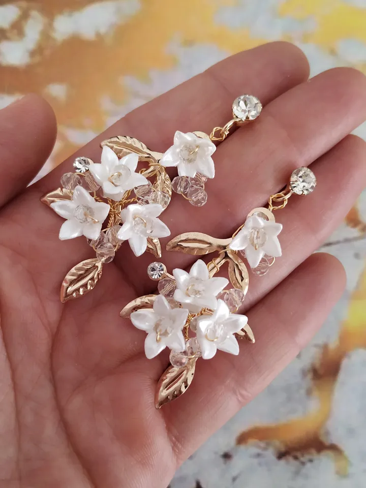 Porcelain Flower Wedding Earrings , Gold Floral Bridal Earrings, Gold Chandelier Statement Earrings For Bride, Bridesmaid Gift, Jewelry