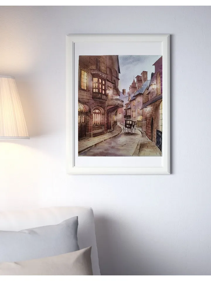 Original Watercolor Painting Victorian Urban Landscape Art English street Artwork 30x38 cm by SoftWaves