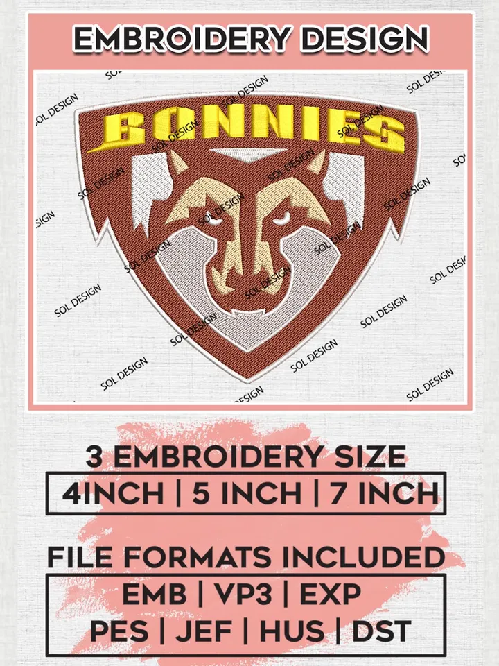 St. Bonaventure Bonnies Mascot Logo Machine Embroidery Design, NCAA St. Bonaventure Bonnies Embroidery Design Design files, NCAA Embroidery Designs, NCAA Machine Embroidery Designs, Digital Download