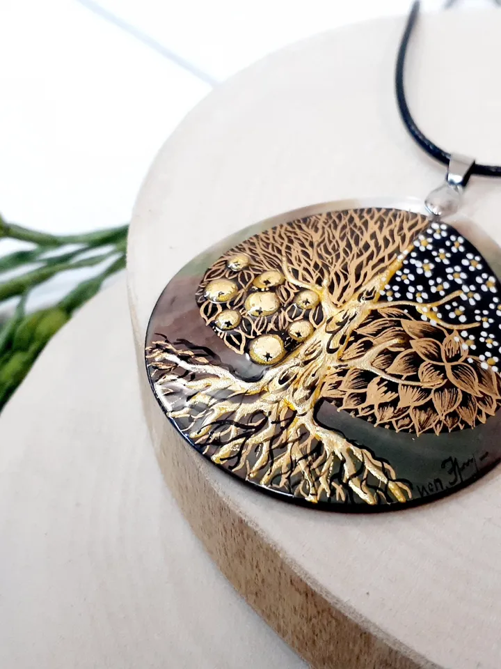 Beautifull Pendant "Tree of life"Mother-of-pearl Hand painted miniature painting magic of painting art jewelry Fedoskino Russian jewelry