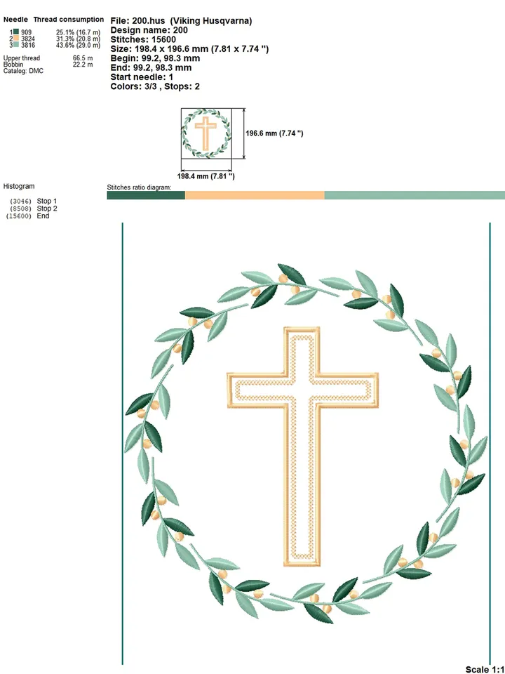 Cross with wreath embroidery design Machine embroidery pattern 3 sizes, Embroidery files christian cross, Religious embroidery Easter #R46