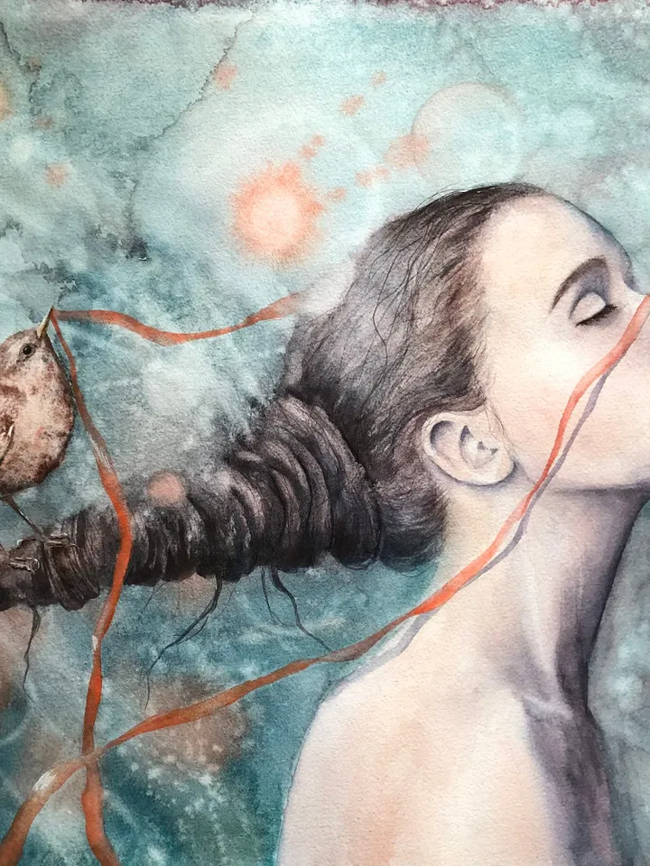 Woman Painting Original Woman with Bird Artwork Girl Watercolor Painting