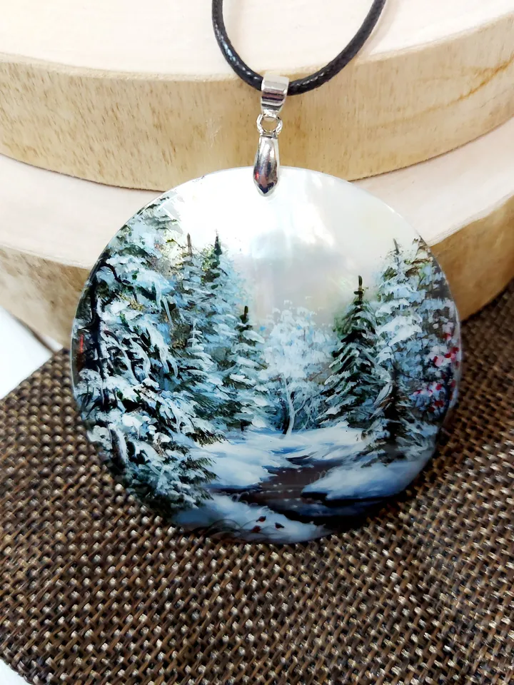 Mother-of-pearl pendant "Winter. River in winter". Miniature on the sink. Hand-painted jewelry. An artistic gift from Fedoskino