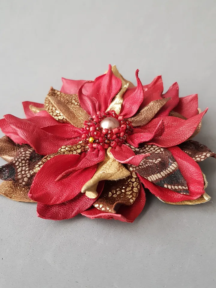 Red leather brooch for her, Leather womens jewelry