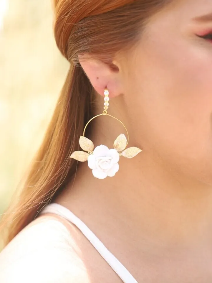 Gold Porcelain Flower Hoop Boho Wedding Earrings, Statement Crystal Leaves Boho Bridal Earrings, Floral Bridal Jewelry, Leaf Wedding Jewelry