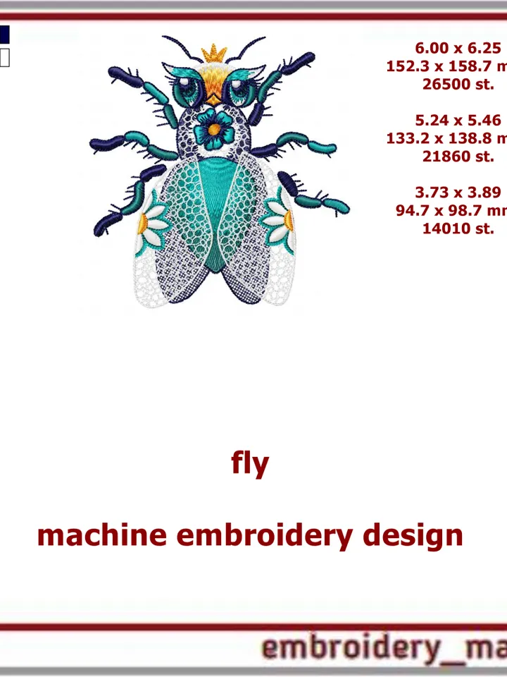 Machine embroidery design multicolored Fly in 3 sizes from Embroidery Manavi 05