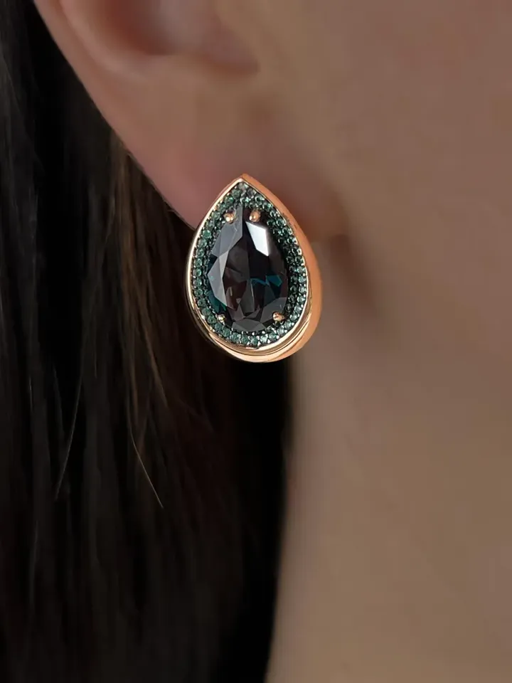 Earrings silver 925, gold plated with London topaz and emeralds