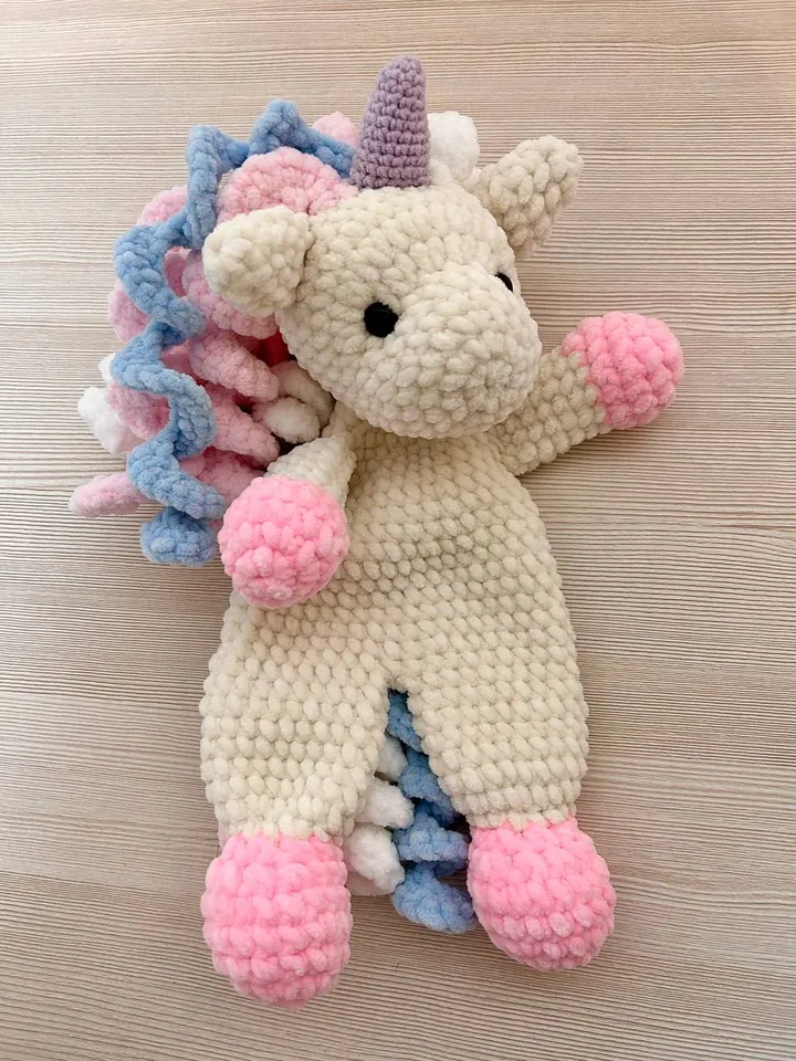 Crochet unicorn snuggler Handmade plushie toy for kids Unicorn cuddle stuffed toy