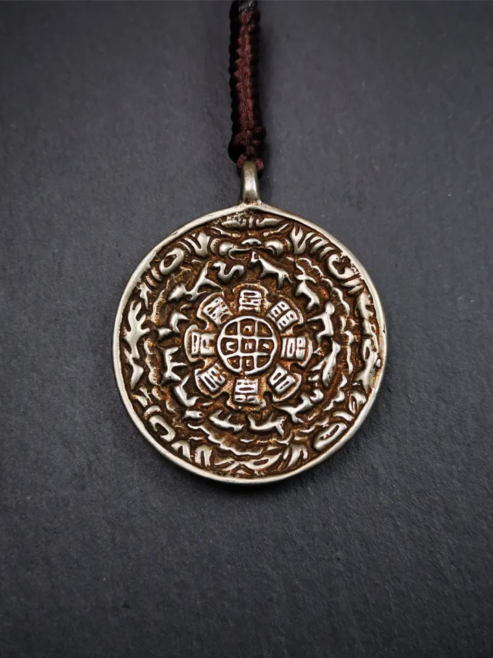 Gandhanra Acient Tibetan Buddhist Amulet,Kirtimukha Melong,Calendar Badge,SIPAHO(srid pa ho),Made of White Copper,1.7&quot;