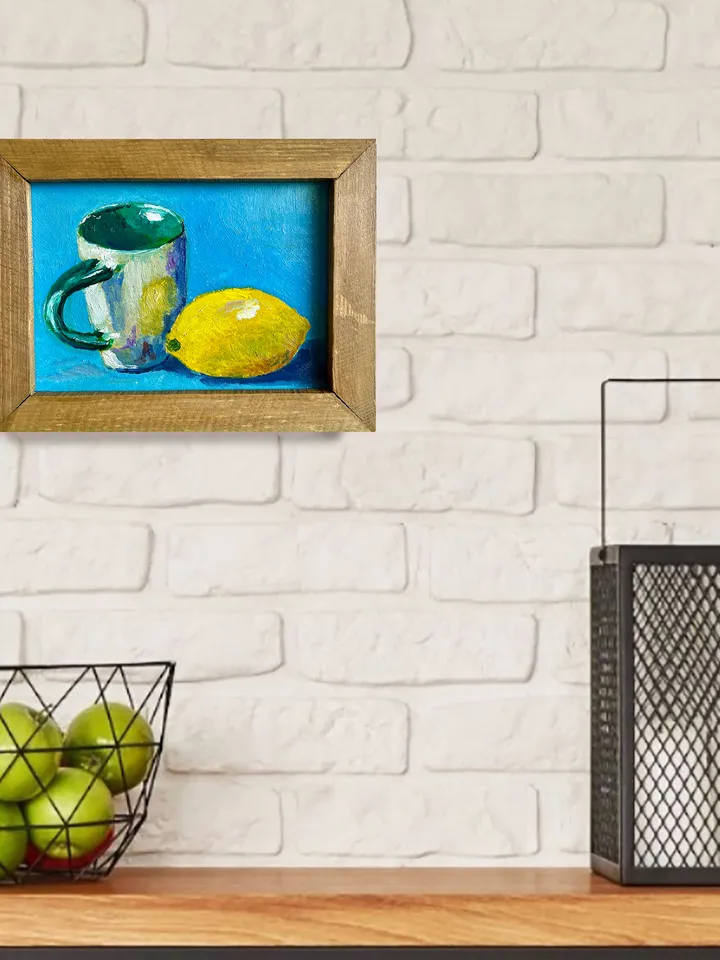 Lemon painting oil, original lemon and cup still life painting, fruit wall art, framed citrus painting, kitchen wall decor