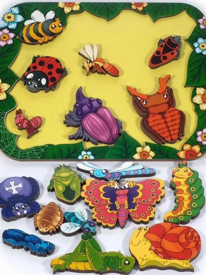Wooden Puzzle - insect, bug, Montessori toddler learning toy for 2 3 4 5 year
