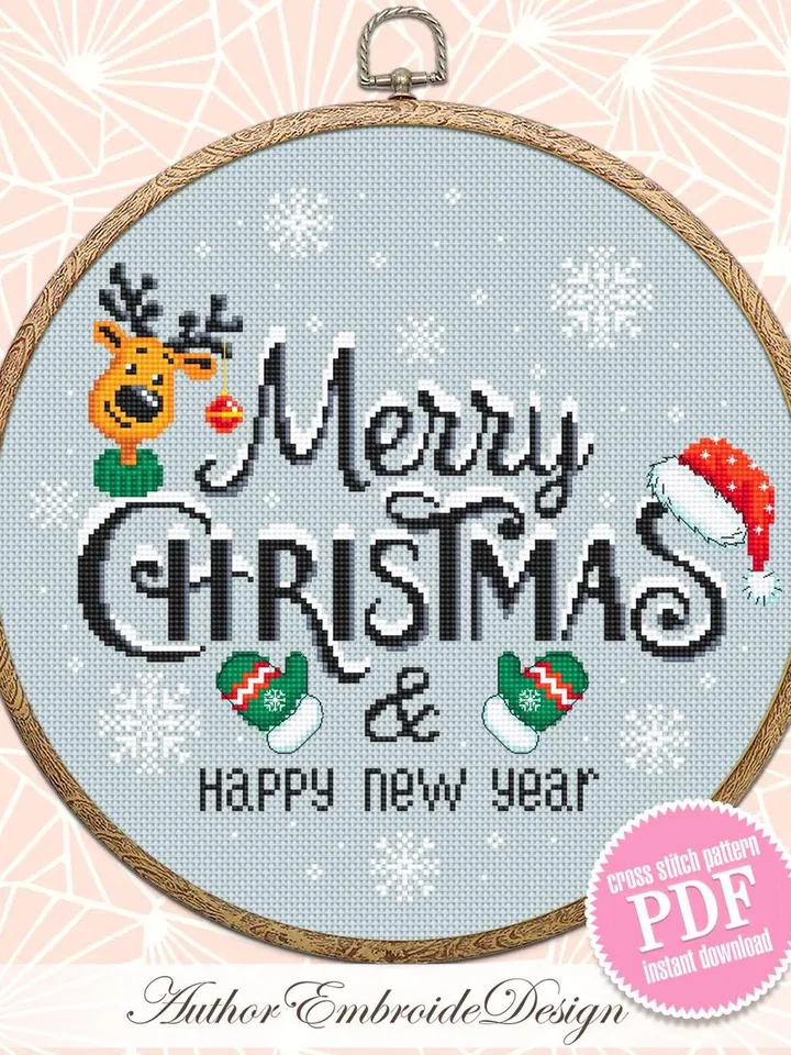 Merry Christmas cross stitch pattern PDF download Snow xmas cross stitch chart, Christmas pattern digital PDF, Happy New year design #N156