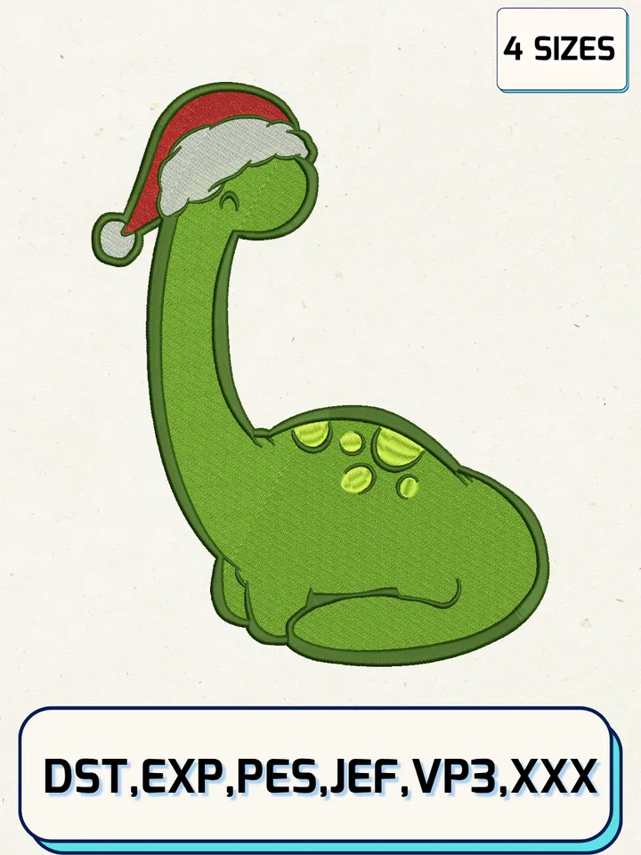 Cute Brontosaurus With Santa Hat Embroidery Designs,Christmas Embroidery Designs,Machine Embroidery Files,4 Sizes