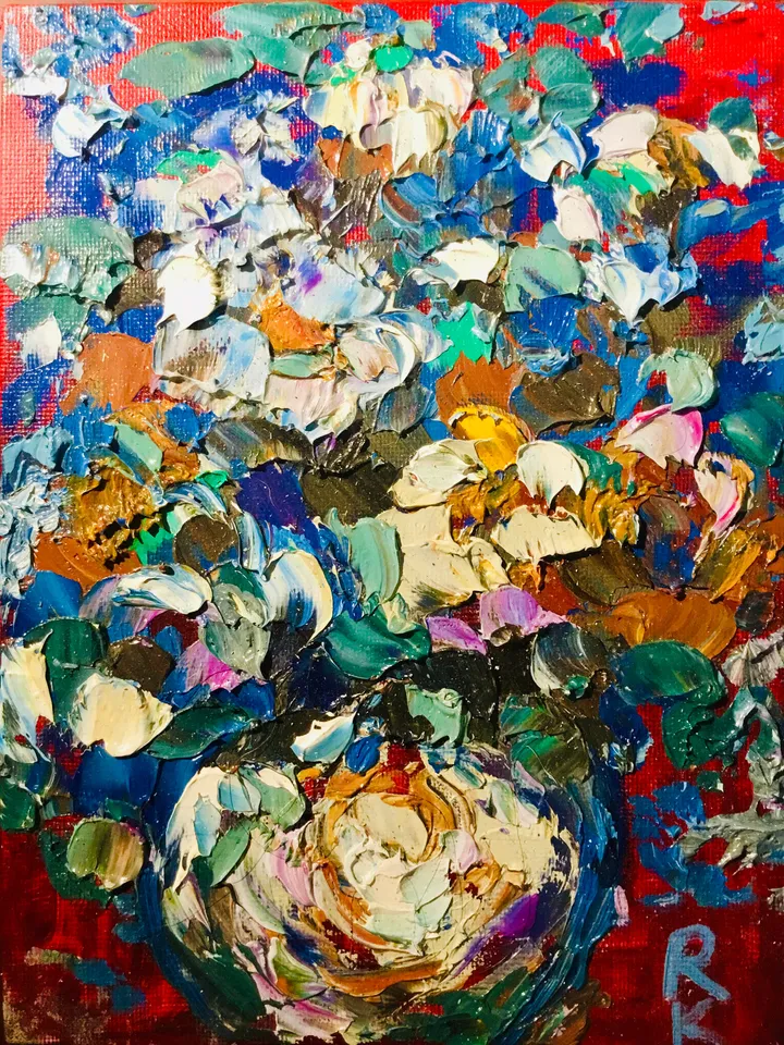 Triptych- original oil painting on canvas boards,flowers in a vase impasto style textured paintings, unique handmade gifts, home decoration.
