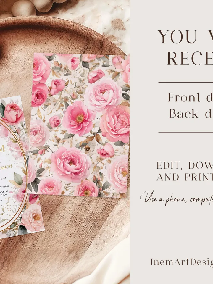 EDITABLE Floral Baptism Invitation, Printable Blush Pink & Gold Floral Template, Christening Digital Invite, Instant Download Canva template
