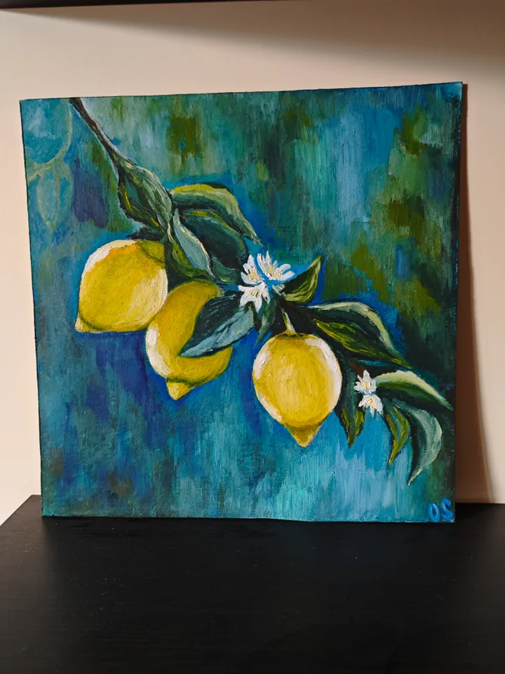 Lemons Original Painting Lemon Branch Artwork Three Lemons Modern Art Lemon Tree Branch Oil Painting Lemon Wall Decor 11.8 x 11.8 inches by OlgaSokolovaArt
