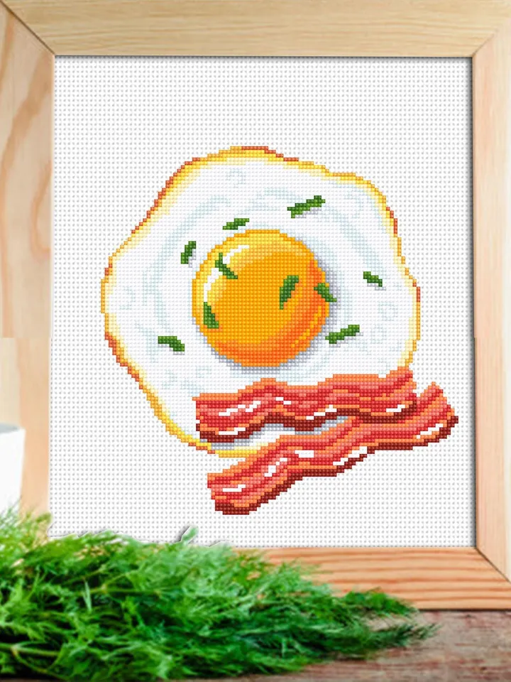 Fried egg with bacon cross stitch pattern PDF download Food cross stitch chart for beginners, Egg pattern digital PDF, Kitchen decor #F22