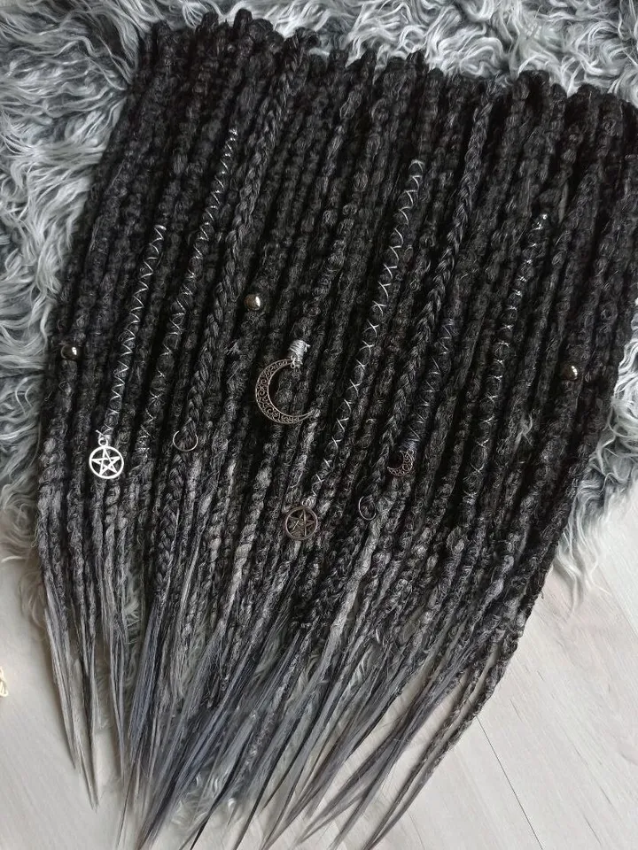 Synthetic Black Dreadlock Extensions With Gray Ends Double or Single Ended DE SE Fake Dreads Witch Hair 20 inches