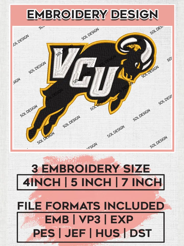 VCU Rams Team Logo Embroidery Design Files, NCAA VCU Rams Machine Embroidery, NCAA Teams, 3 sizes, College Football Team, NCAA Machine embroidery designs, Digital Download