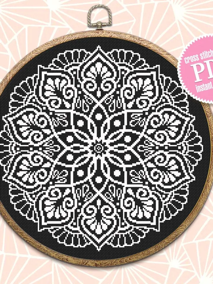 Easy mandala cross stitch pattern download PDF Simple mandala digital Monochrome cross stitch floral sampler Modern cross stitch chart #M159