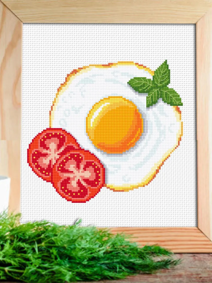 Fried egg with tomatoes cross stitch pattern PDF download Food cross stitch chart for beginners, Egg pattern digital PDF, Kitchen decor #F23