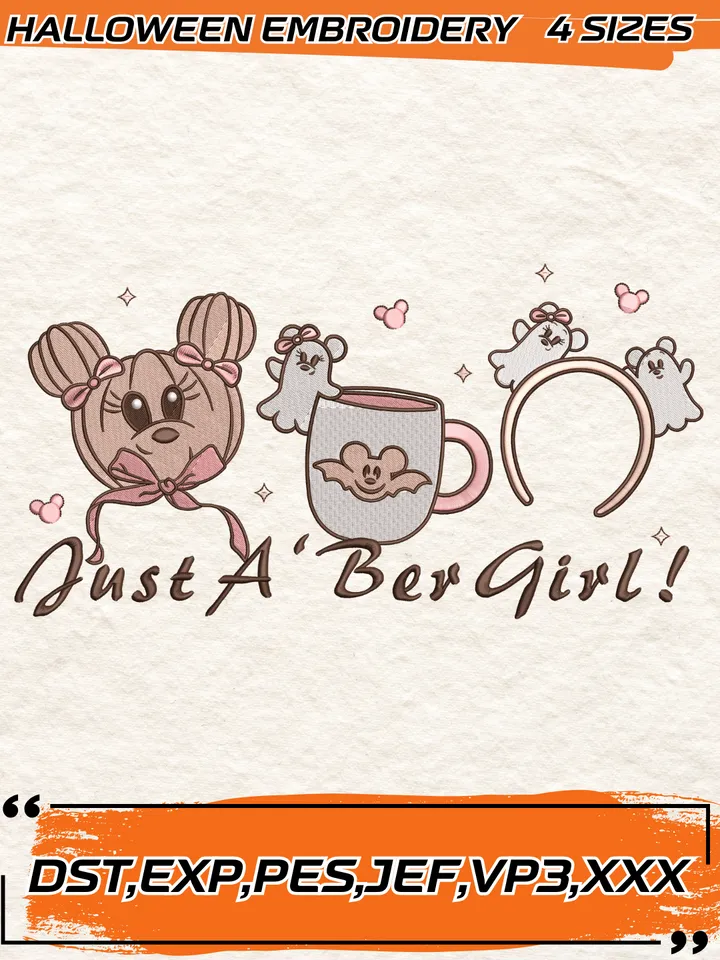 Just A 'Ber Girl Embroidery Design,Cute Minnie Halloween Pumpkin Embroidery Design, Halloween Design,4 Sizes,Digital Download
