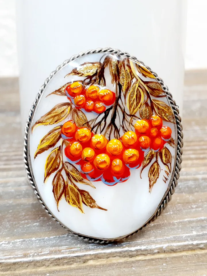 Brooches for women: Bunch of Rowan berries painted on pearl brooch • Orange handmade painted pin • Gorgeous pin for fall season dress