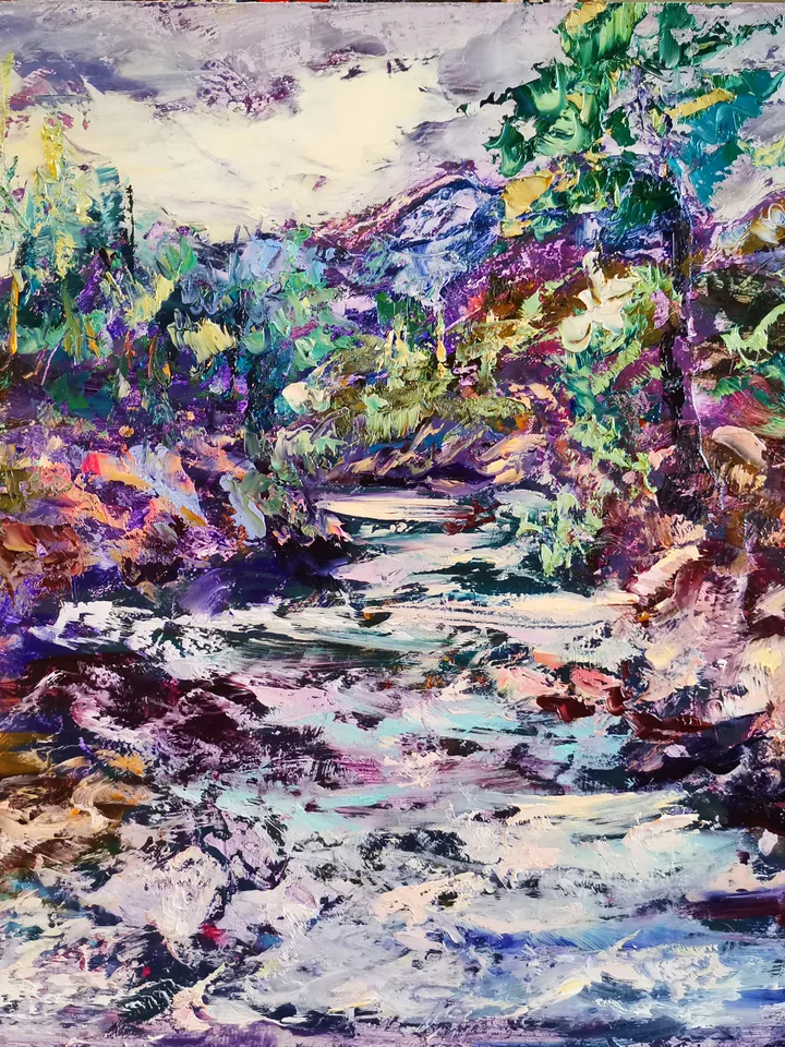 Forest Mountains River Impasto Painting Original Oil Art Artist Svinar Oksana