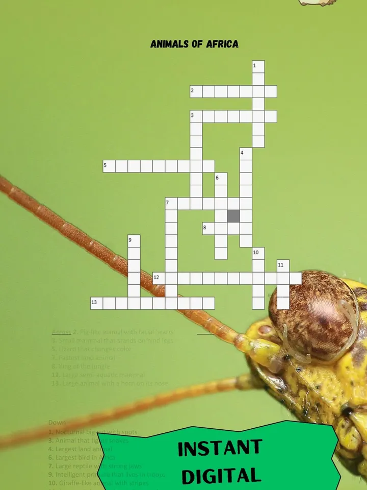 Puzzle Crossword Printable Animals of Africa