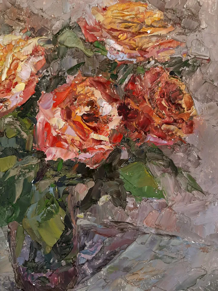 Yellow Red Roses Painting 11x9" Original Flower Art Oil Hand Painted Artwork Signed by artist Marina Chuchko Impressionist