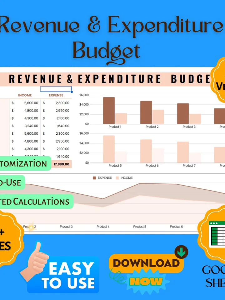 Revenue - Expenditure Budget Template, Income & Expense Tracker, Financial Planning Spreadsheet, Business Budget Planner