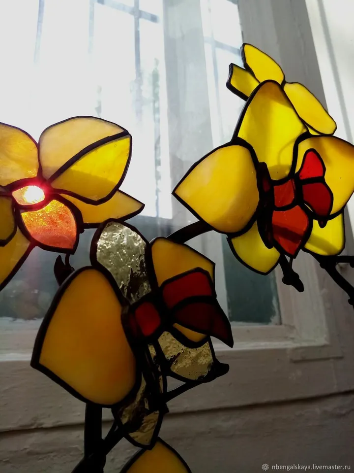 Yellow Orchids Stained Glass. Bouquet in Tiffany Technique, Yellow Orchids. Bouquet in Tiffany Stained Glass Technique, Stained Glass Yellow Orchids, Bouquet in Tiffany Stained Glass Technique
