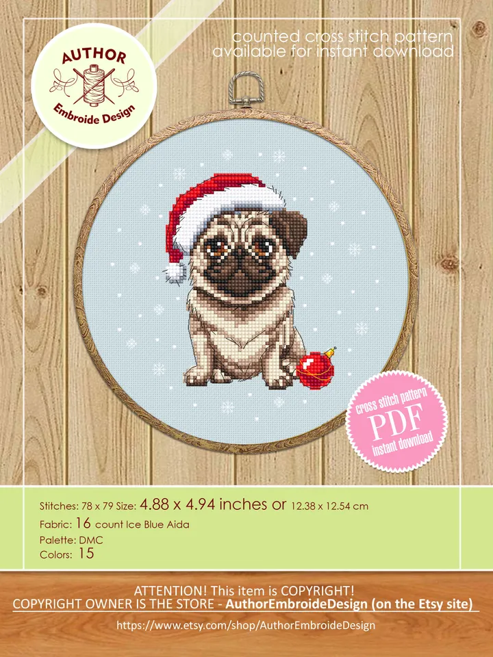 Christmas pug dog cross stitch pattern PDF download Set Pug christmas cross stitch chart, Christmas dog embroidery PDF, Dog lover gift #N104