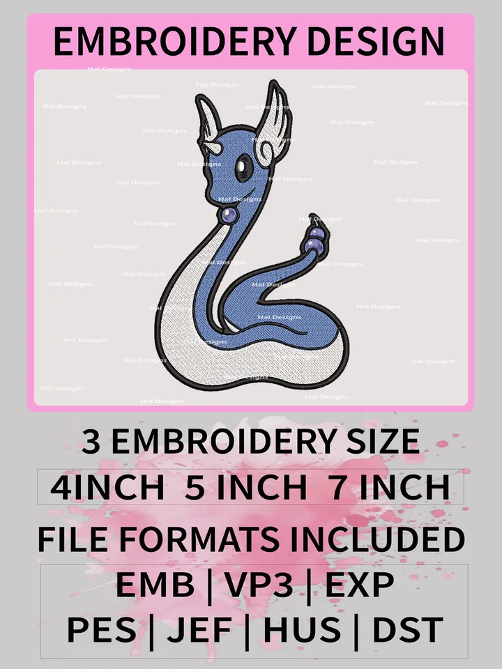 Pokemon Dragonair Embroidery Design, Pokemon Dmbroidery, Anime Design, Embroidery file, Digital download